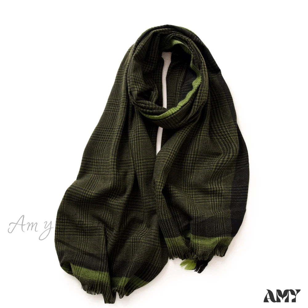 Border Contrast Plaid Print Direct Factory Wholesale Women’s Scarf Green / 65*190Cm