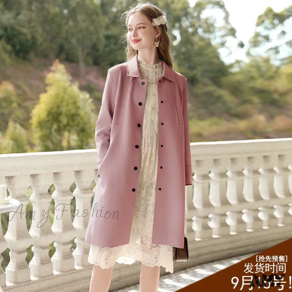 British Mid-Length High-Grade Gentle Retro Turn-Down Collar Coat Pink / M