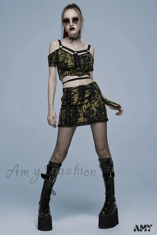 Broken Black-Yellow Knitted Decal Women’s Gothic Cross Texture Decoration Skirt Mini Sexy Holes