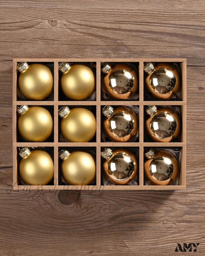 Brown Glass Christmas Ball Ornaments - Set Of 12 Light Gold / 12Pcs