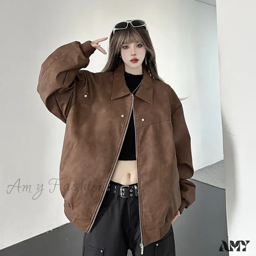 Brown Loose Pu Leather Autumn Oversize High-End Rivet Trend Jacket