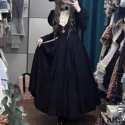 Bubble Punk Black Lolita Dress Gothic Harajuku Long Cinched Vintage Autumn Winter Dark Sleeve Waist