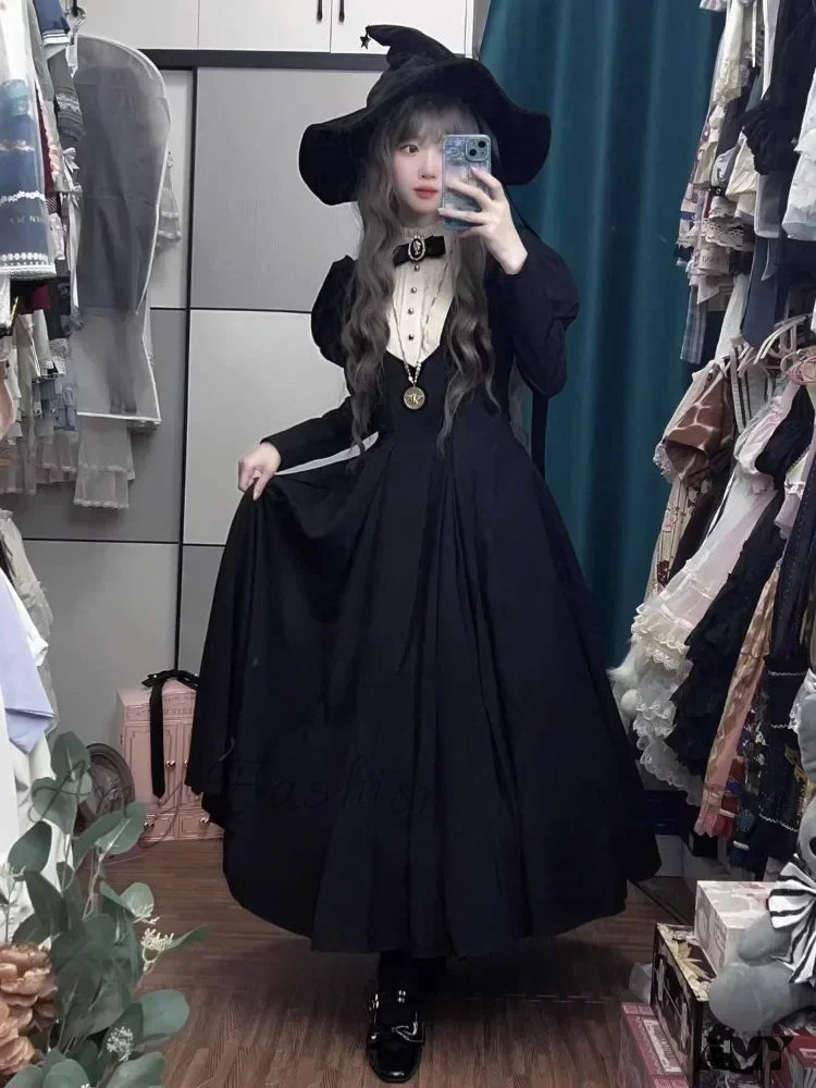 Bubble Punk Black Lolita Dress Gothic Harajuku Long Cinched Vintage Autumn Winter Dark Sleeve Waist