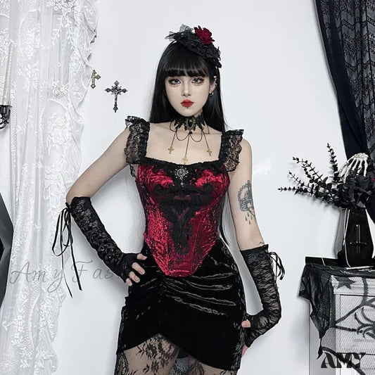 Bustier Lace Crop Gothic Tube Ruched Punk Patchwork Victorian Top