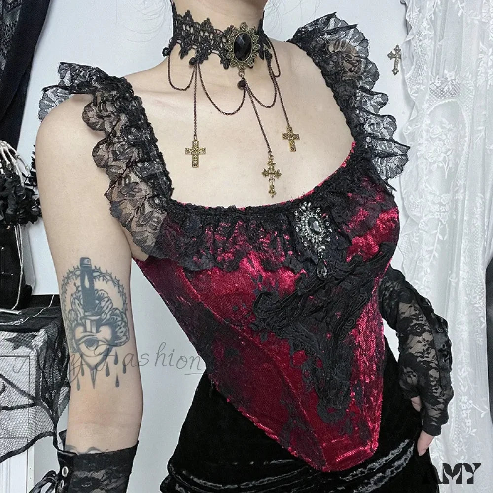 Bustier Lace Crop Gothic Tube Ruched Punk Patchwork Victorian Top