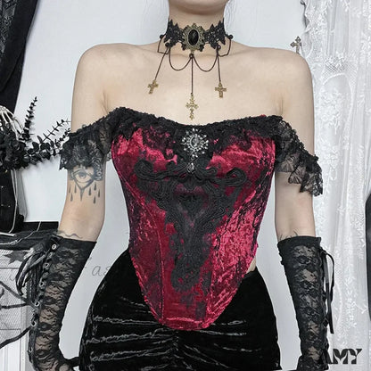 Bustier Lace Crop Gothic Tube Ruched Punk Patchwork Victorian Top Claret Tops / S