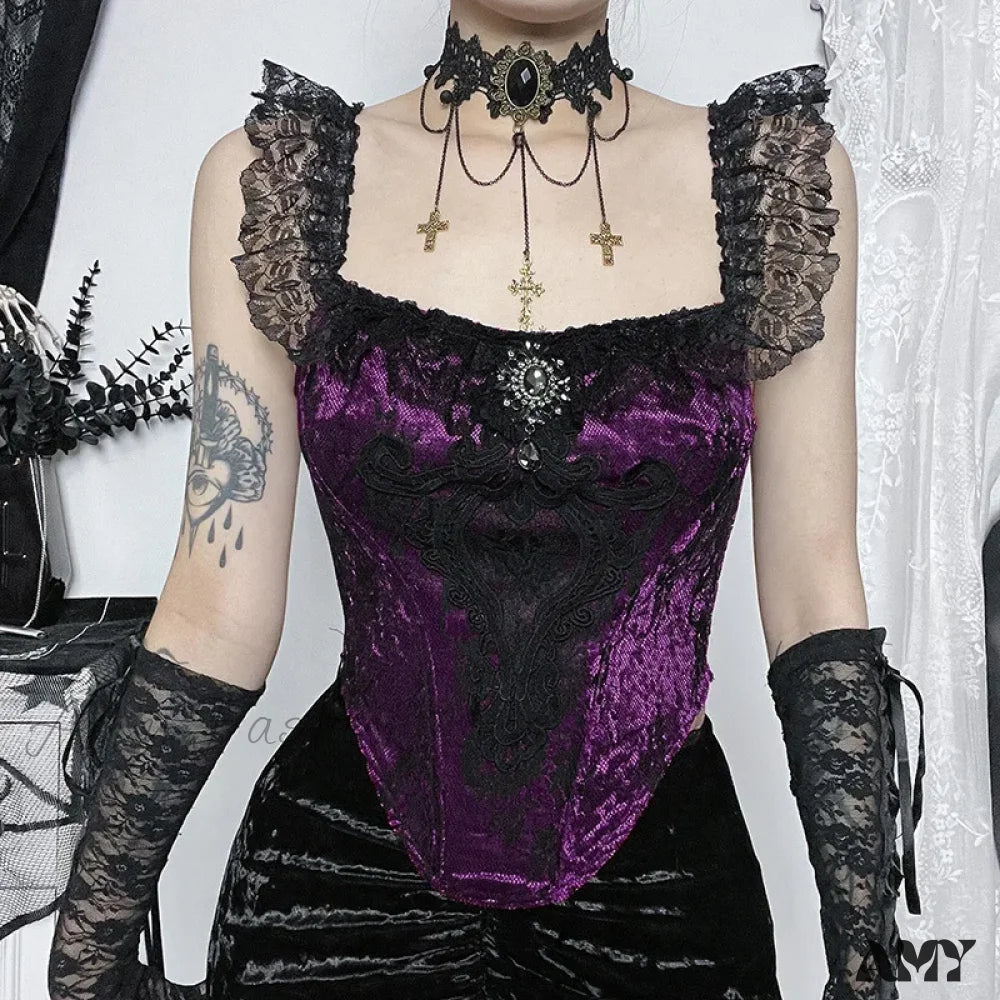 Bustier Lace Crop Gothic Tube Ruched Punk Patchwork Victorian Top Purple Tops / S