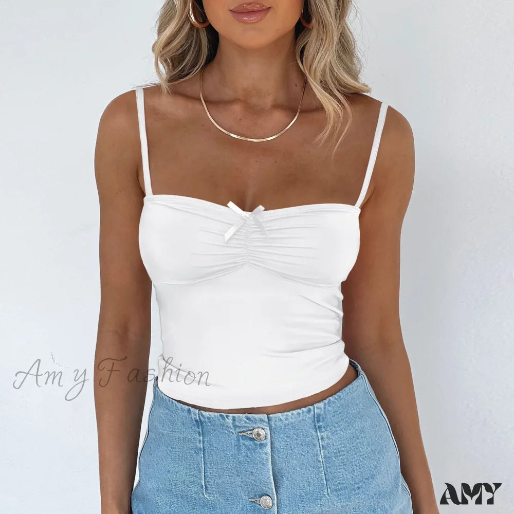 Butterfly Knot Street Solid Color Y2K Summer Crop Top White / S