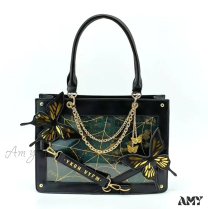 Butterfly Transparent Bag Web Spider Gothic Y2K Chain Labyrinth Letter Black Gold / 35X25X10.5Cm