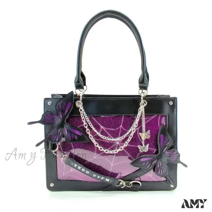 Butterfly Transparent Bag Web Spider Gothic Y2K Chain Labyrinth Letter Black Purple / 35X25X10.5Cm