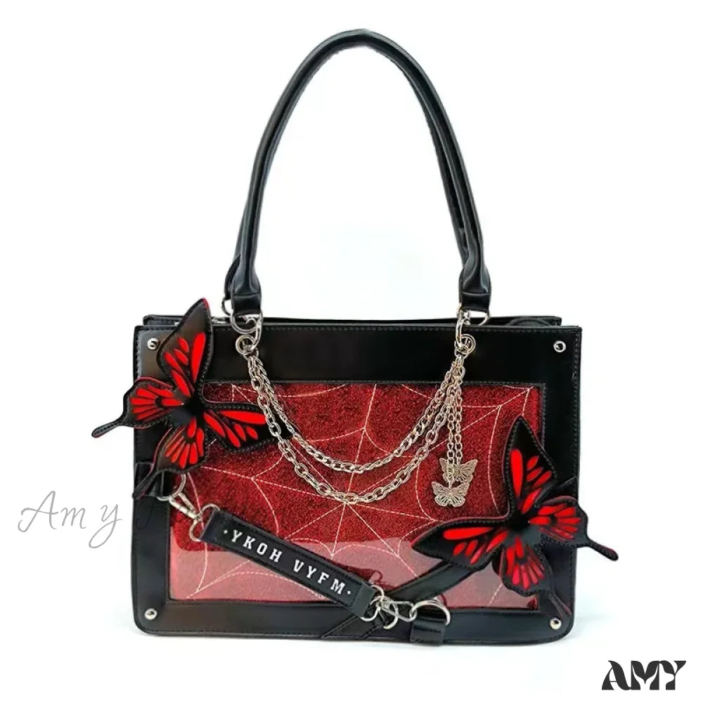 Butterfly Transparent Bag Web Spider Gothic Y2K Chain Labyrinth Letter Black Red / 35X25X10.5Cm