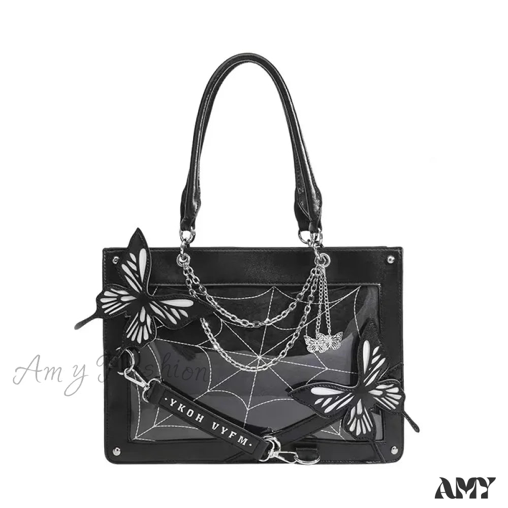 Butterfly Transparent Bag Web Spider Gothic Y2K Chain Labyrinth Letter Black White / 35X25X10.5Cm