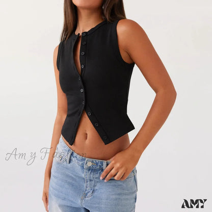 Button Down Casual Slim Fit Sleeveless Ribbed Knit Crop Top