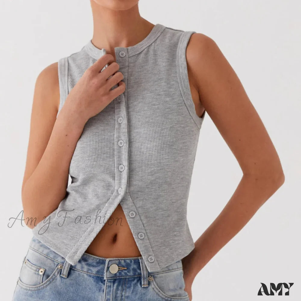 Button Down Casual Slim Fit Sleeveless Ribbed Knit Crop Top