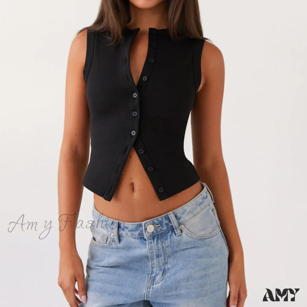 Button Down Casual Slim Fit Sleeveless Ribbed Knit Crop Top Black / S