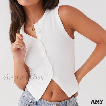 Button Down Casual Slim Fit Sleeveless Ribbed Knit Crop Top White / S