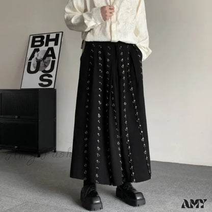 Button Pants Metal Patchwork Leg Wide Casual Men