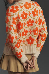 Floral Jacquard Elegant Button Long Sleeve Knit Cardigan