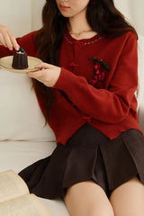 Retro Brooch Detail O Neck Christmas Cardigan