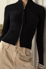 Two - Way Zipper Stand Collar Slim Long Sleeve Thermal Knit Cardigan