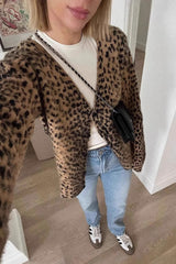 Retro Leopard Print V Neck Soft Brushed Loose Cardigan
