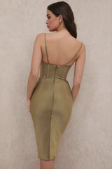 Pleated Satin Bustier Midi Slip Dress