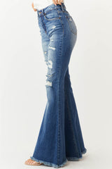Slim Stretch Mid Waist Distressed Fringe Vintage Flare Jeans