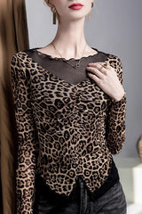 Leopard Print Fake Two-Piece Mesh-Paneled Blouse