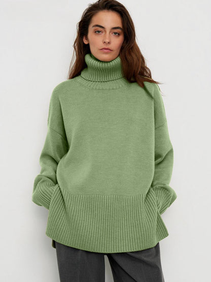 Turtle Neck Autumn Winter Women Soft Warm Basic Knitted Split Pullover Loose Casual Sweater