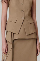 Ruffle Slit Skirt Elegant Two Piece Work Set