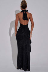 Glitter Halter Cutout High Slit Maxi Party Dress
