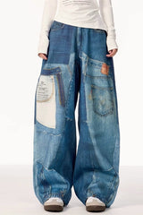 High Street Vintage Patchwork Print Wide-Leg Jeans