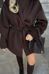 Dark Brown Short Loose Tie Waist Elegant Wool Coat