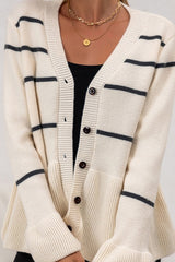 Striped V Neck Slouchy Loose Long Sleeve Knit Cardigan