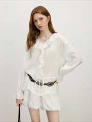 Elegant Ruffle-Sleeve Botanical Blouse