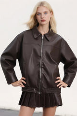 Faux Leather Collared Zip Casual Jacket