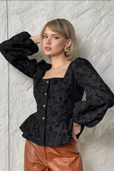 Square Neck Jacquard Peplum Blouse