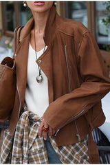 Fashionable Zippered Cropped Biker Jacket