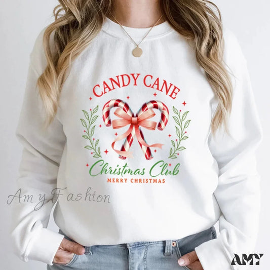 Candy Cane Christmas Club Round Neck Hoodie White / S