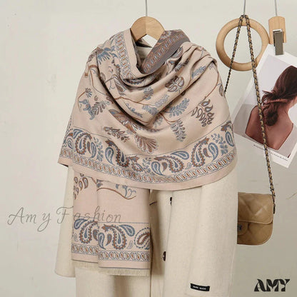 Cashmere Floral Print Winter Blanket Wrap Scarf Apricot