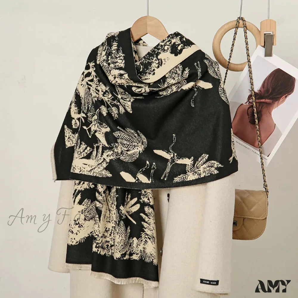 Cashmere Floral Print Winter Blanket Wrap Scarf Black