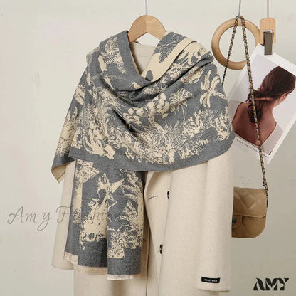 Cashmere Floral Print Winter Blanket Wrap Scarf Light Grey