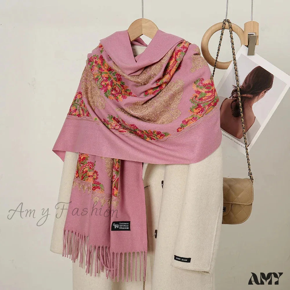 Cashmere Floral Print Winter Blanket Wrap Scarf Pink