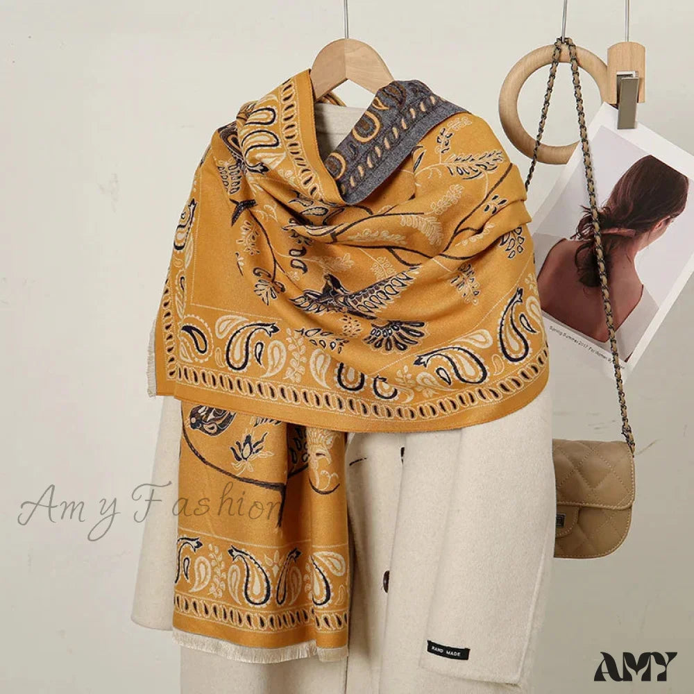 Cashmere Floral Print Winter Blanket Wrap Scarf Yellow