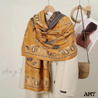 Cashmere Floral Print Winter Blanket Wrap Scarf Yellow