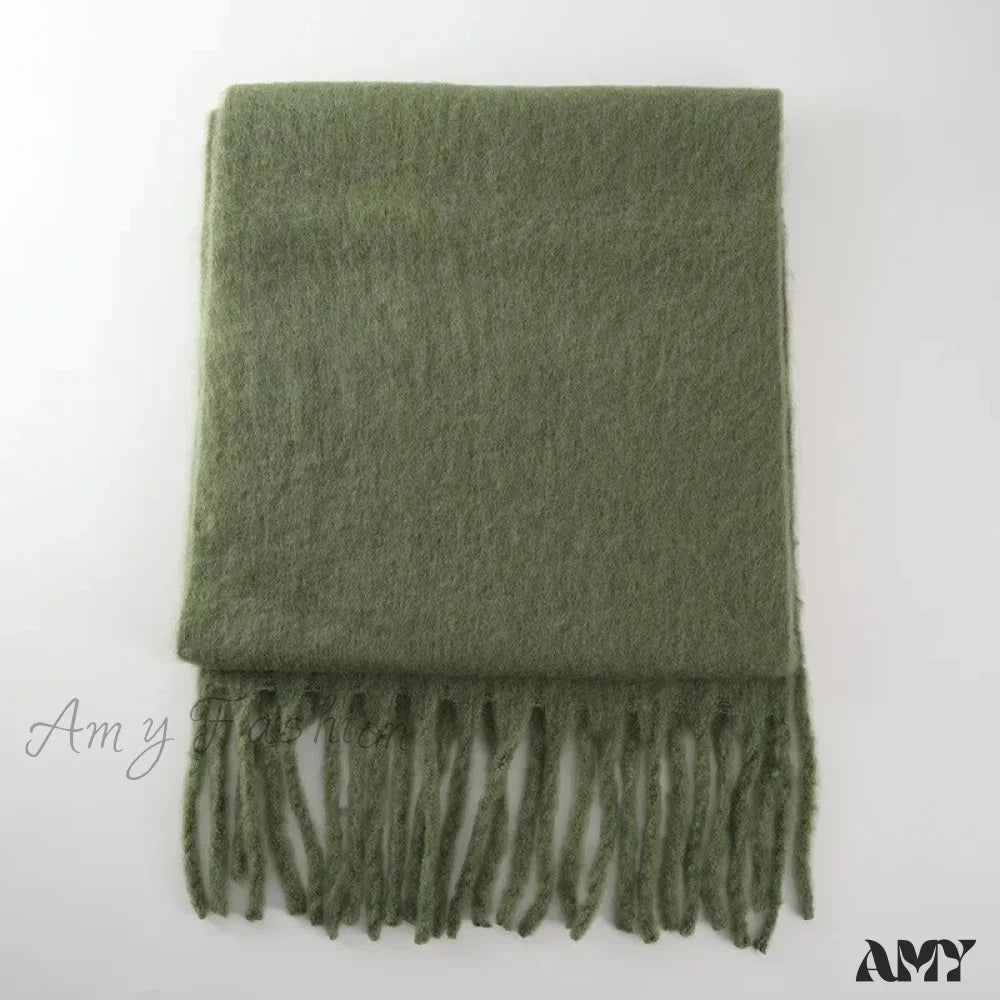 Cashmere Scarves For Women - Thick And Warm Muffler With Tassel Detail Army Green / L227Cm W43Cm