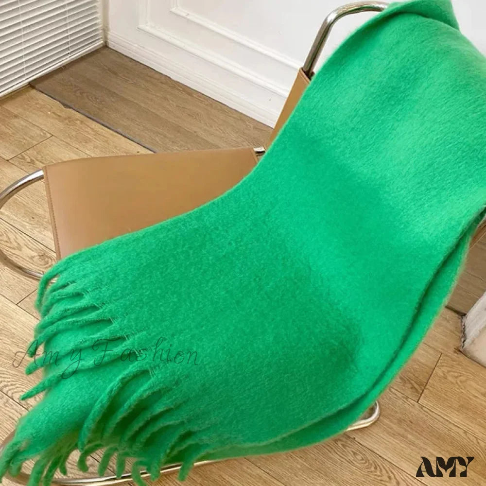 Cashmere Scarves For Women - Thick And Warm Muffler With Tassel Detail Grass Green / L227Cm W43Cm