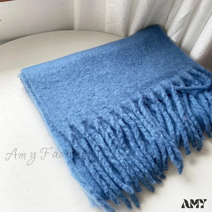 Cashmere Scarves For Women - Thick And Warm Muffler With Tassel Detail Haze Blue / L227Cm W43Cm