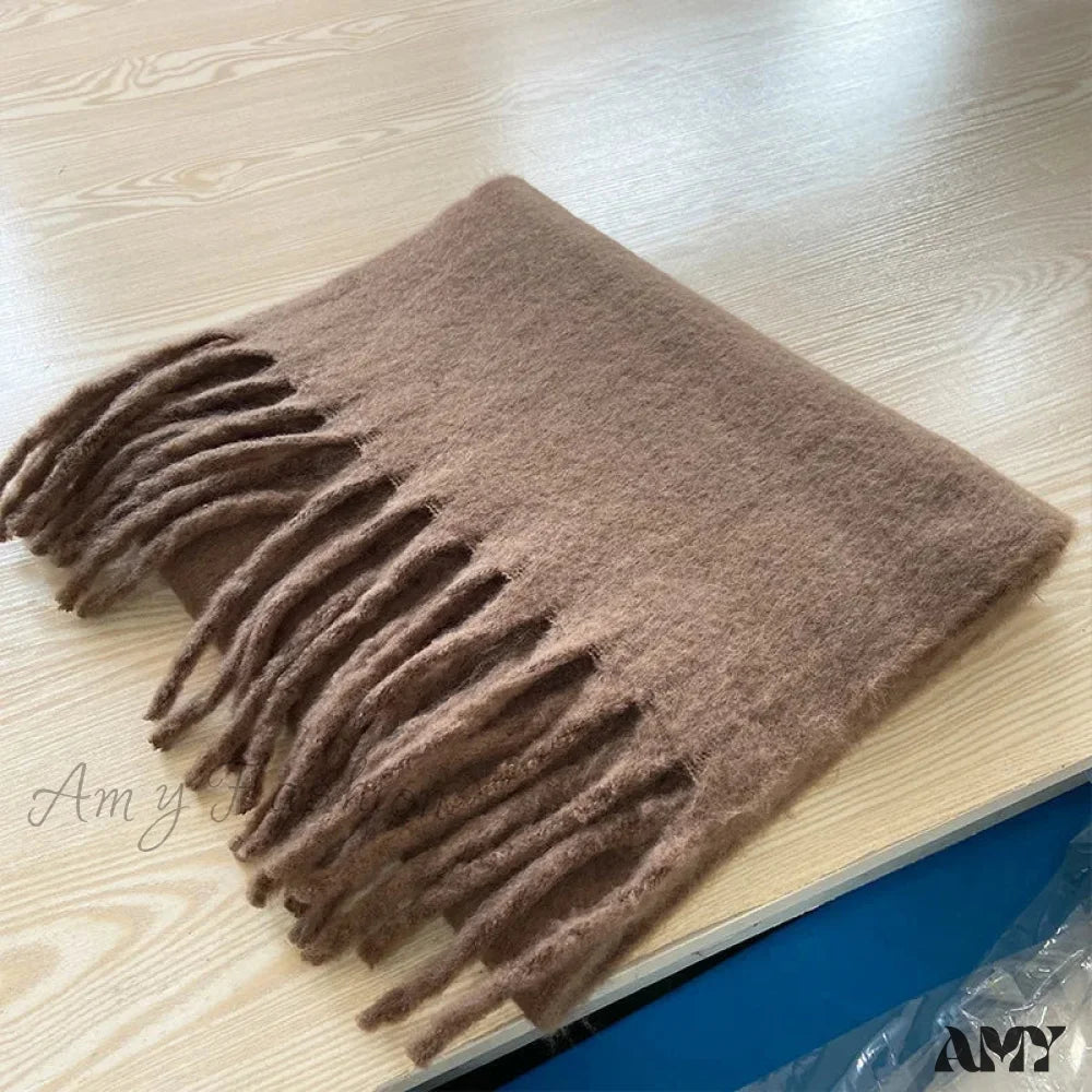 Cashmere Scarves For Women - Thick And Warm Muffler With Tassel Detail Khaki / L227Cm W43Cm