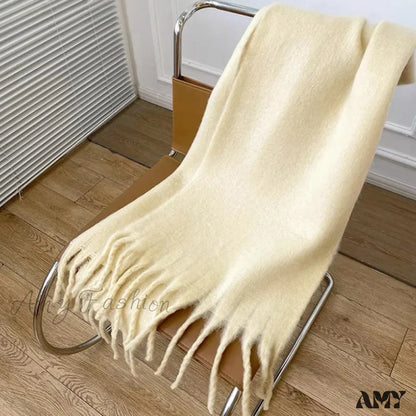 Cashmere Scarves For Women - Thick And Warm Muffler With Tassel Detail Milk Yellow / L227Cm W43Cm